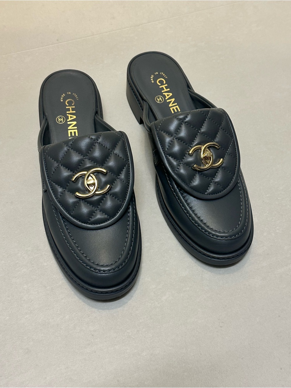 CHANEL Black Quilted Leather CC Logo Mules Size 39